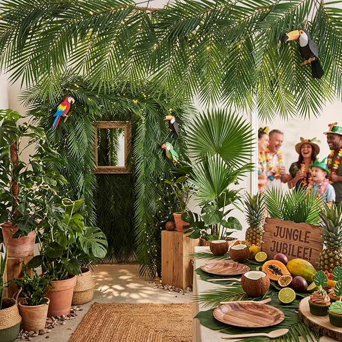 Jexine 100 Pcs Easter Palm Leaves for Palm Sunday Artificial Fake Branches Tree Stems Large Faux Greenery Plants Fronds for Church Holy Week Hawaiian Jungle Wedding Party Decoration (5 Assorted Sizes)