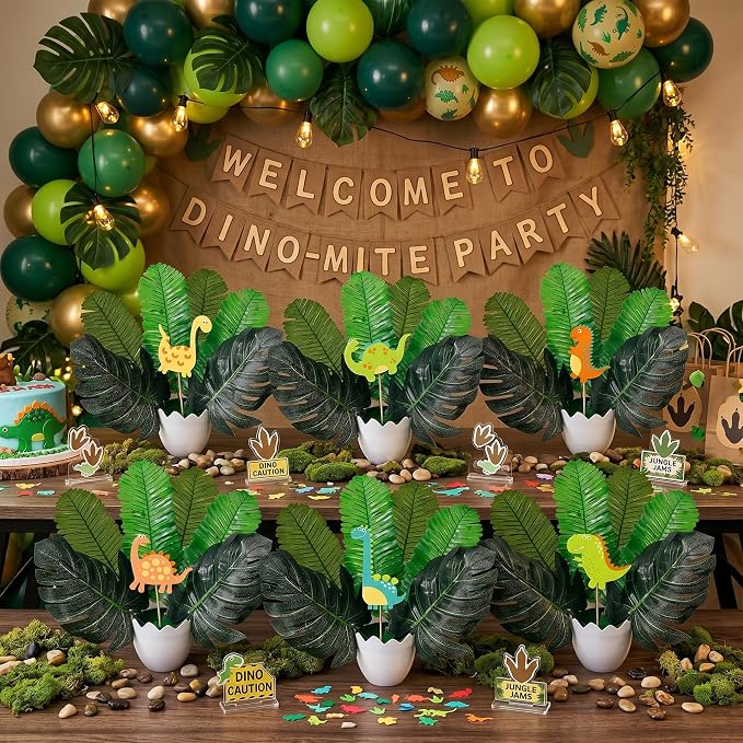Suncalla 6 Set Dinosaur Party Table Centerpiece Decoration Dinosaur Themed Stick Set Include Vase Stick Artificial Leaves Jungle Animal Theme Table Topper for Baby Shower Birthday(Eggshell,Plastic)
