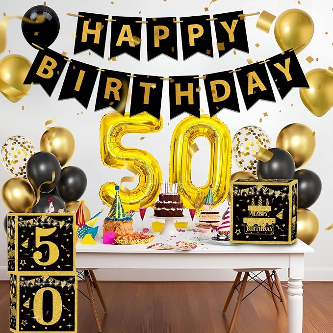 Gold 50th birthday decorations men,3pcs birthday Decorations for Men boys black and gold Balloon Boxes Birthday Party Favors