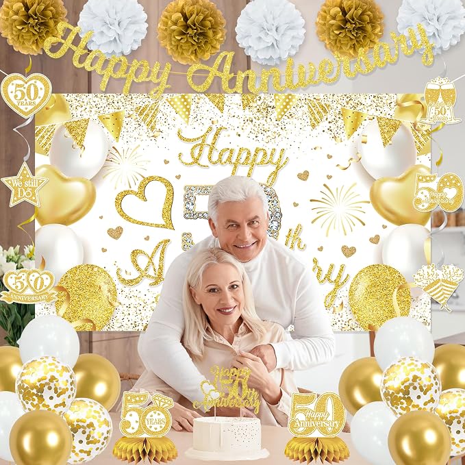 Vlipoeasn 50th Anniversary Decorations for Couple, White Gold Cheers to 50 Years Wedding Party Supplies, 50th Anniversary Backdrop Glitter Gold Banner, Cake Topper, Honeycomb, Hanging Swirl for Party