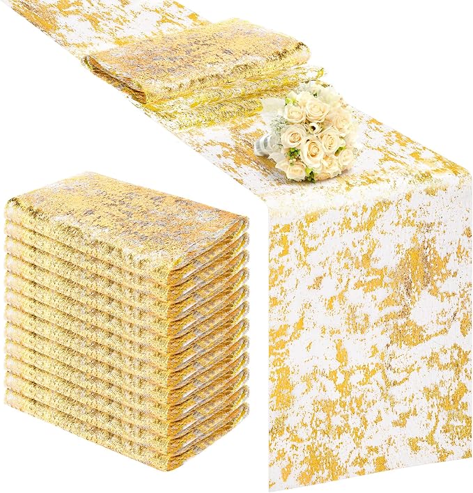 Aneco 12 Pieces Metallic Glitter Table Runner 84 x 11 Inches Gold Glitter Mesh Table Runners Sparkle Rectangle Runner Roll Decorations for Wedding Baby Shower Birthday, DIY Home Decor