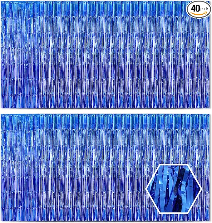 40 Pack Navy Foil Curtain Backdrop Metallic Tinsel Foil Fringe Curtains Photo Booth Props for Birthday Party Decoration Christmas Holiday Halloween New Year Party Supply, Navy