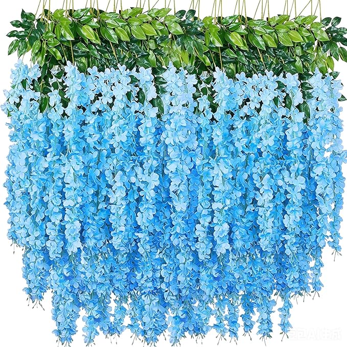 Artificial Wisteria Hanging Flowers Fake Wisteria Flower Garland Silk Vines Rattan Decor for Home Wedding Arch Wall Garden Greenery Bedroom Outdoor Office Party Decoration (24, Blue)