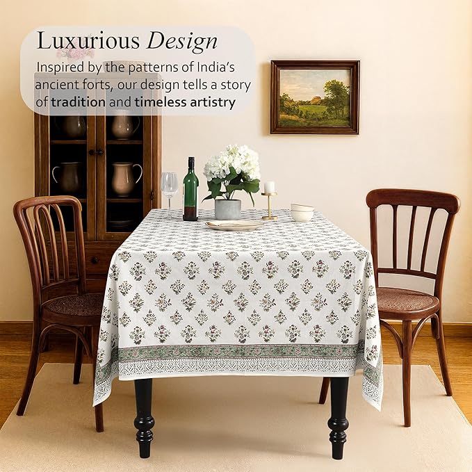 CPC Block Print Tablecloth Fall Green 60"x60" Square 100% Cotton Reusable Table Cover, Everyday Decorative Table Cloth Use for Dining, Farmhouse, Home Gift for Spring, Mother's Day
