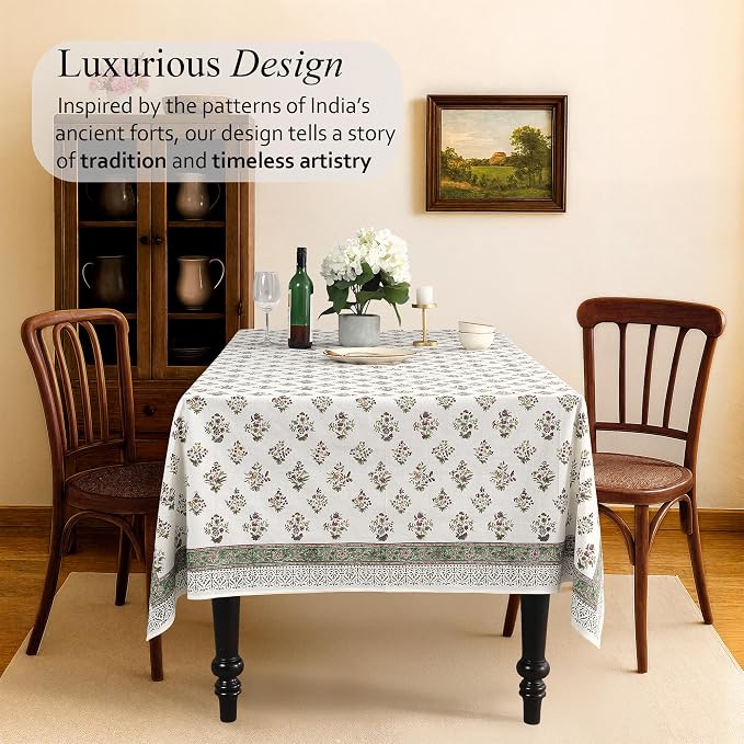 CPC Block Print Tablecloth Fall Green 108"x70" Rectangular 100% Cotton Reusable Table Cover, Everyday Decorative Table Cloth Use for Dining, Farmhouse, Home Gift for Spring, Mother's Day