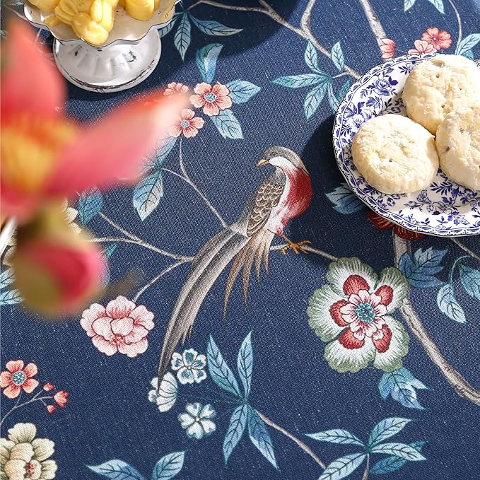 patdrea Elegant Chinoiserie Linen Tablecloth,Square,67"x67"-Lanruoting | Vintage Table Cloth for Square Table,Blue Oriental Bird Floral Print,Dining Tea Party Thanksgiving Coffe Table Decor