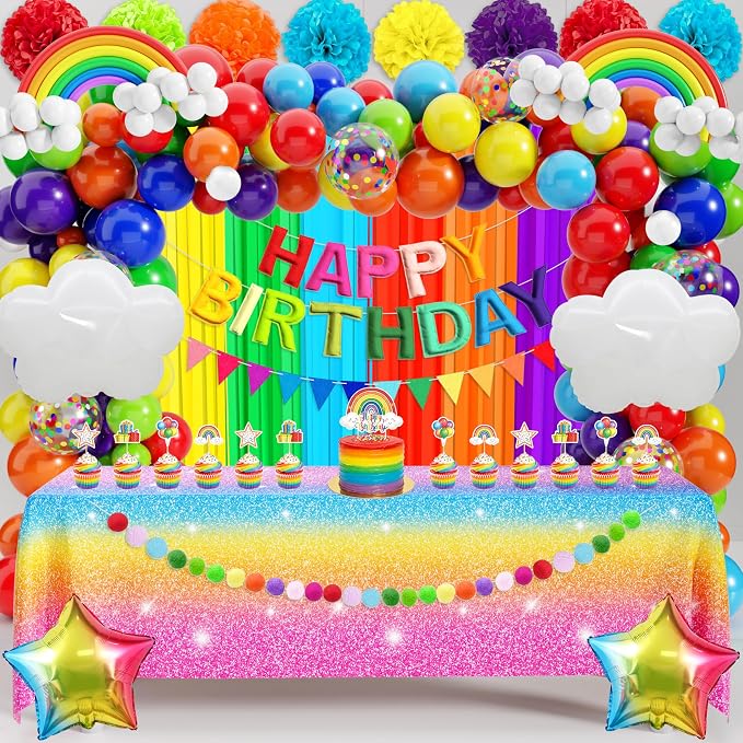THAWAY Rainbow Birthday Party Decorations- 172 Pcs Colorful Birthday Decorations with 3D Felt Banner, Rainbow Balloon Arch Kit, Backdrop, Tablecloth and Cake Topper for Boys Girls Party Decor