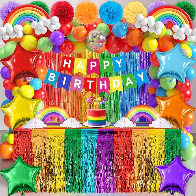 THAWAY Rainbow Birthday Decorations, 104Pcs Colorful Birthday Party Decorations for Boys and Girls, Rainbow Party Supplies Colorful Streamers Party Decors Set, Birthday Party Backdrop