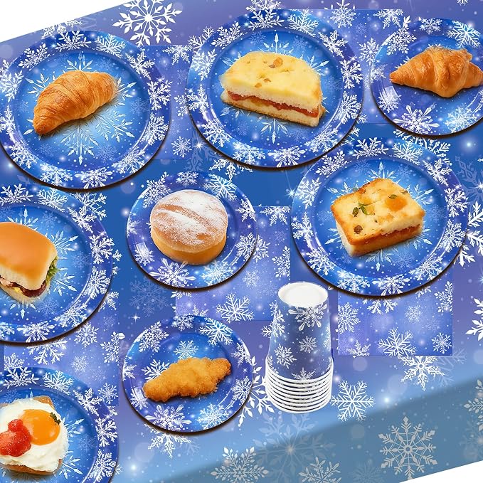 182PCS Winter Snowflake Frozen Birthday Party Supplies,Frozen Plates and Napkins Sets,for Christmas Winter Wonderland Party Supplies Table Decor, Serves 30