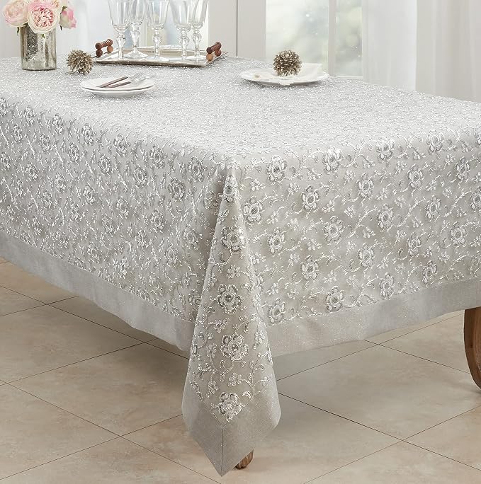 SARO LIFESTYLE Floral Embroidered Tablecloth, Silver, 65"x90"