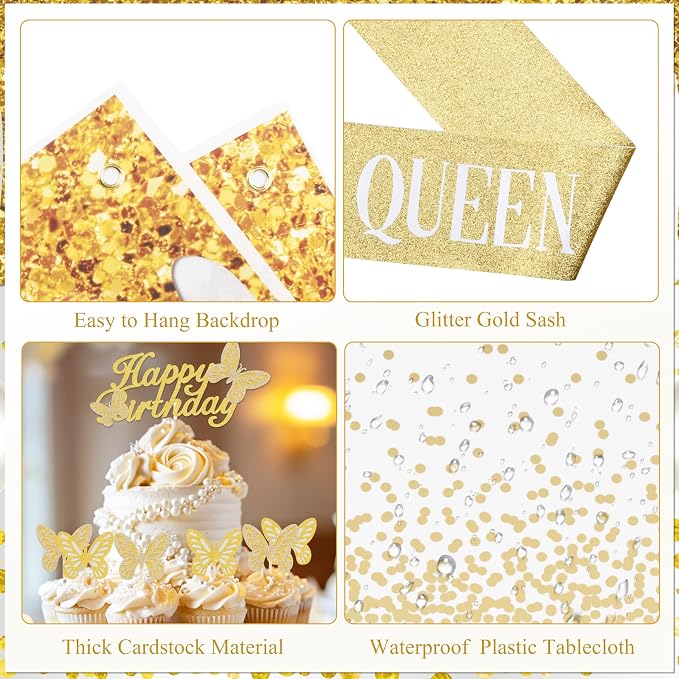 Gold Birthday Party Decorations White and Gold Birthday Decorations for Women Girls with Beige Cream Balloon Arch Sash Golden Tablecloth Banner Backdrop Cake Topper