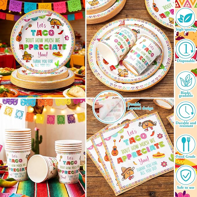 168 Pcs Let's Taco Bout How Much We Appreciate Party Decor Back to School Favors Bulk Employee Appreciation Supplies Cinco De Mayo Fiesta Taco Plates and Napkins Sets Serve 24