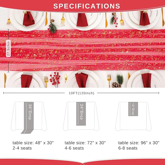 Snowkingdom Red Gold Table Runner Gauze 10FT Sparkly Sequin Glitter Sheer Chiffon Cheesecloth Runner 120 Inch Home Party Decorations for Wedding Anniversary Birthday Graduation Christmas Holiday