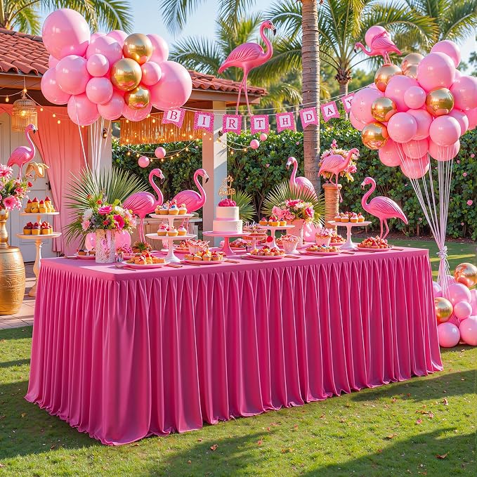 PARTISKY 1 Pack Hot Pink Tablecloths for Rectangle Tables 6ft, Wrinkle Resistant Spandex Table Cover Fitted Stretch Table Cloth with Pleated Ruffle Skirts for Party Banquet Dining Birthday Wedding