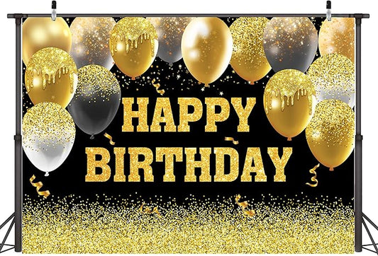 Happy Birthday Decorations Backdrop 6 x 4 ft Golden Happy Birthday Banner Large Birthday Party Background for Men Women Kids Photo Shoot Supplies (Black, 6 * 4 ft)