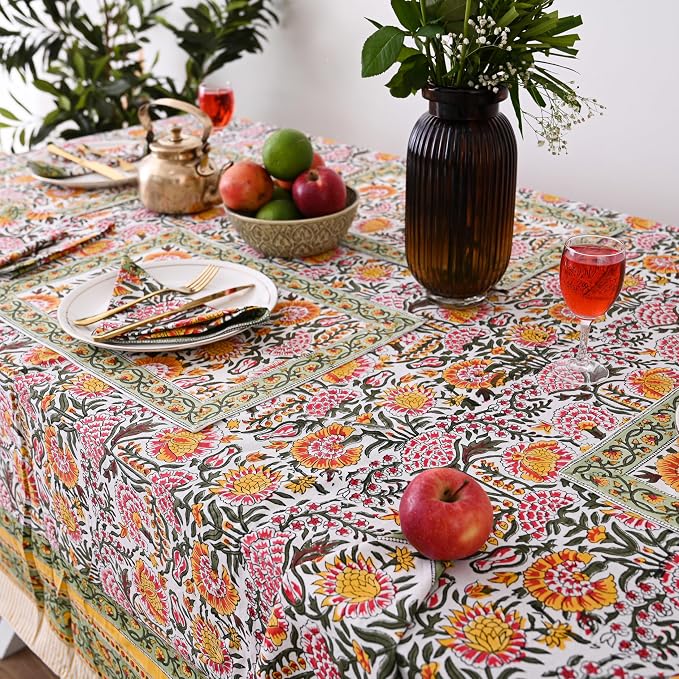 Hand Block Printed Tablecloth, Colorful Floral Print, Indian Artisan Handmade Art, Dining Room, Kitchen, Outdoor Décor, (Yellow Sunflower, 12 Seater 72 x 135 Inches Rectangle)