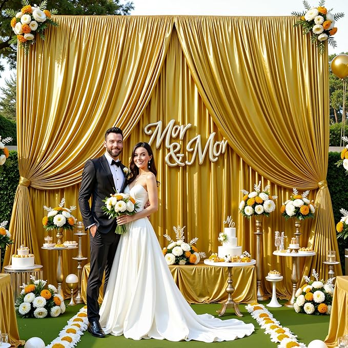 10x10ft Dark Gold Glitter Backdrop Curtain for Parties, Wrinkle Free Satin Photo Backdrop Drapes 2 Panels 5x10FT Shimmer Back Drop Cloth for Wedding Birthday Photoshoot Photography Background Decor
