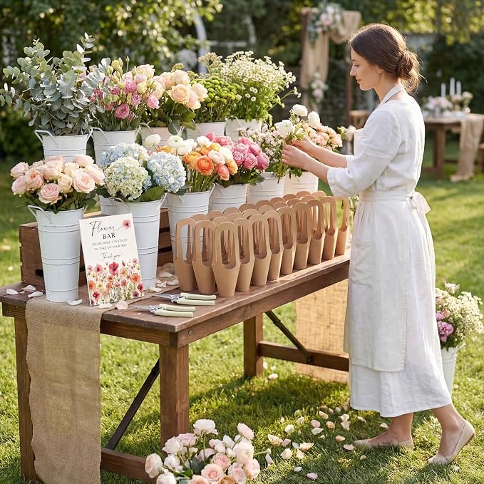 LEIFIDE Flower Bar Buckets Set Kit Bloom Bar Supplies Include Wood Sign Gift Bags Iron Bucket Garden Flower Shears for Wedding Bridal Shower Graduation Birthday Table Centerpieces(45 Pcs,White)