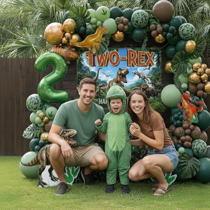 Dinosaur Two-Rex Birthday Decorations include Hunter Green Brown Gold balloon arch & small Dino Foil balloons & backdrop & footprint stickers for Kids Boys Jungle Safari Dino 2rd Party Supplies