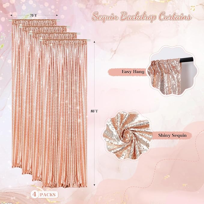 PartyDelight Rose Gold Sequin Backdrop Curtains 2x8ft 4 Panels | 3mm stitched sequin curtain with 4 inch rod pocket for 2x8ft 4 panel fuller wall coverage pleated backdrop and 8ft stand
