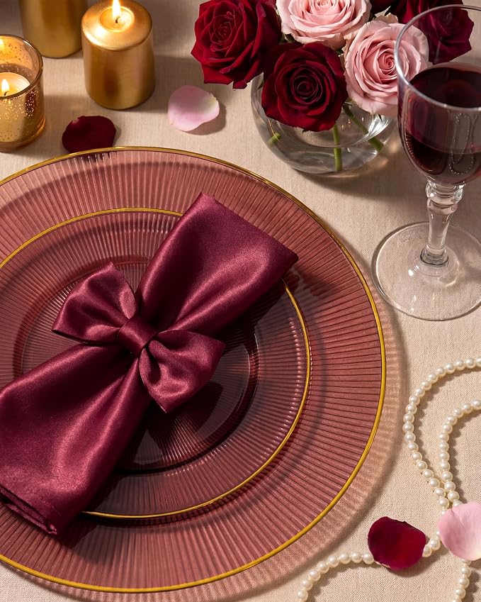 Hioasis 60pcs Burgundy and Gold Plastic Plates - Burgundy Disposable Dinnerware Set, 30pcs Dinner 10in & 30pcs Dessert 7in Plates with Striped Designs for Party & Wedding