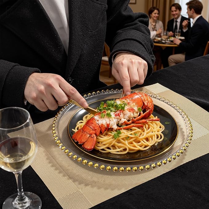 KIRE 350 PCS Plastic Dinnerware Set for 50 Guests - Black and Gold Plates 50 for Dinner 50 for Dessert & 50 Pre Rolled Napkins with Disposable Silverware 50 Cups for Graduation/Banquet/Wedding