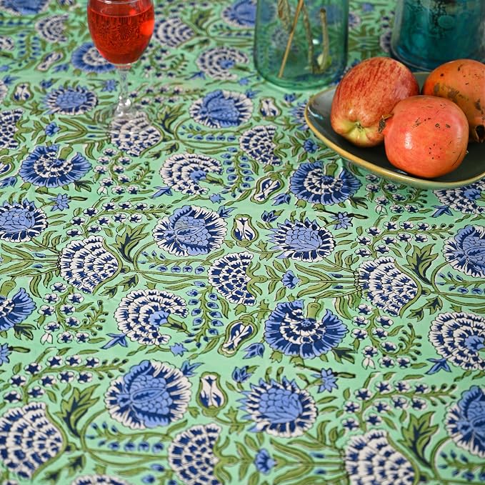 Hand Block Printed Tablecloth – Colorful Floral Print | 100% Cotton | Indian Artisan Handmade Art | Dining Room, Kitchen, Outdoor Décor, (Mint Green Blue, 108 Inches Round)