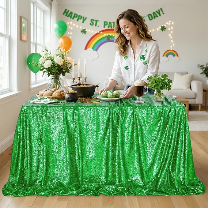 QueenDream Rectangle Tablecloth 90x132 Inches Green Sequin Table Clothes Overlay Birthday Decorations