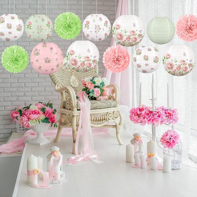 13PCS Spring Wildflower Bridal Shower Party Decorations Rose Paper Lanterns Pom Poms Valentines Day Garden Home Indoor Outdoor Decor