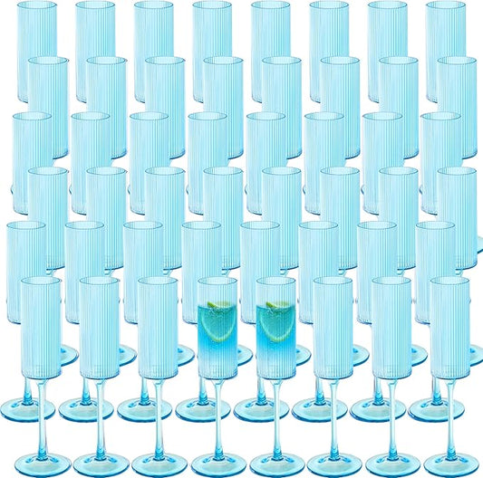 JLYLOL 48 Pcs Blue Plastic Champagne Flutes 6OZ Large Ribbed Champagne Glasses Toasting Glass Plastic Goblets for Parties Vintage Mimosa Bar Glasses Elegant Stemmed Drinking Cups for Wedding Bride