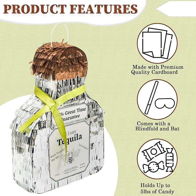 Tequila Bottle Pinata, Silver, Perfect for Birthday Parties, 10.5 x 10.5 x 4 Inches, 5 Pound Capacity, Adult-Party Pinata