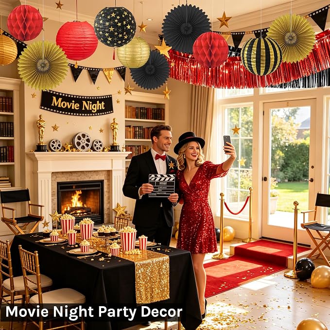 Red, Black & Gold Party Decorations for Birthday, Retirement, Graduation, Casino Night, Red Carpet, Hollywood Theme - Hanging Paper Lanterns, Fans & Streamers Set