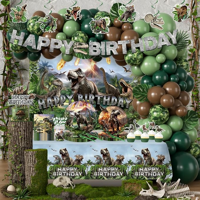 Dinosaur Birthday Party Decorations, 278 PCS Dino Party Supplies Serves 24 with Backdrop, Balloons, Plates Cups Napkins Forks, Cake Toppers, Banner, Swirls & Tablecloth for Boys Girls