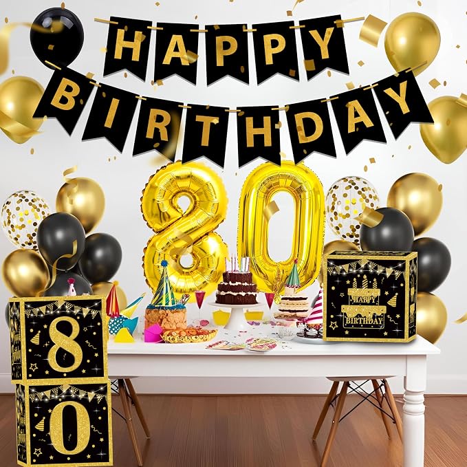 Gold 80th birthday decorations for men,3pcs birthday Decorations for Men boys black and gold Balloon Boxes Birthday Party Favors
