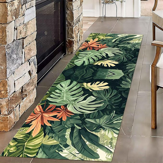 Tropical Leaves Runner Rug, 2.6x7ft, Hawaiian Bohemian Palm Leaf Monstera Plant Runner Hallway Rug, With Rubber Backing Green Leaf Soft Floor Rug for Bedroom Kitchen Dining Room Laundry Room - Green