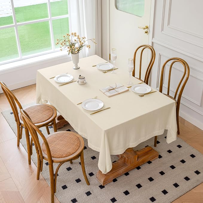 Linen World Linen Tablecloth 108x60 Inch, Rectangular Tablecloth Luxury Texture & Linen Look – Soft, Cool & Breathable Linen Blend Tablecloth for Dining, Kitchen, Outdoor, Easter-Sand Beige
