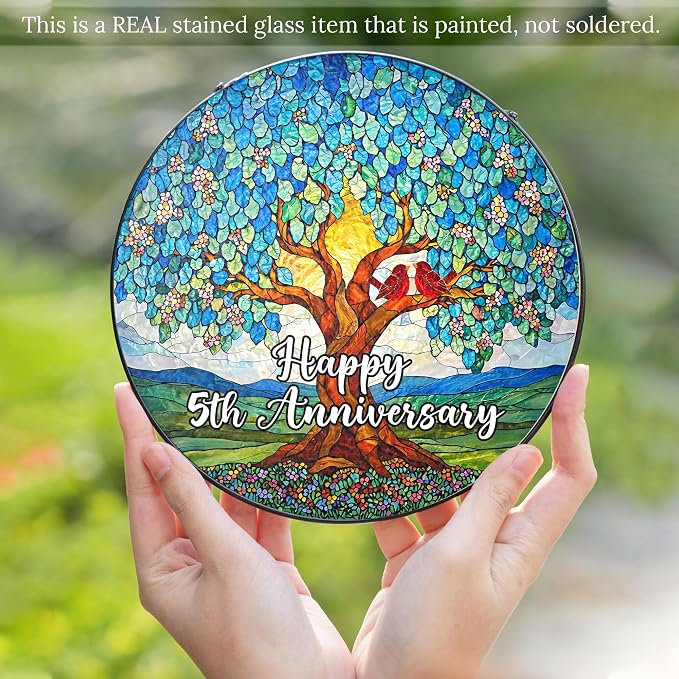 5th Wedding Anniversary Stained Glass Suncatcher, 6x6' Anniversary Decorations, 5th Celebration Marriage Gifts for Parents, Couple, Wife & Husband, 5 Wedding Milestone Keepsake