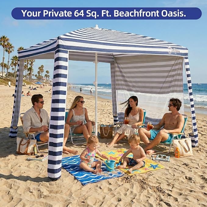 Jihfmo 8x8 Ft Large Beach Cabana Tent, UPF 50+ 99.9% UV Block, 6-8 People | 300D Polyester, Silver Coating Keeps Cool, Windproof, Easy Setup — 64 Sq Ft Family Sun Shelter for Beach, Camping & Backyard