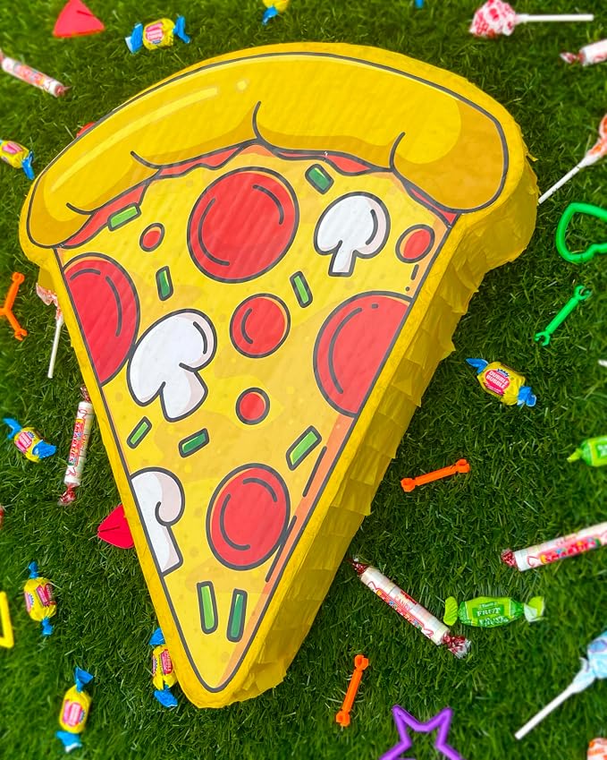 Jergrim Pizza Piñata 4 Piece Set With Stick And Blindfold For Birthday Party Favors Ninja Theme Birthday, School Pizza Party, Small Funny Piñata For Games & Decorations