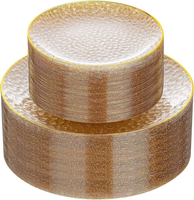 Rubtlamp 60Pcs Clear Gold Plastic Plates, Gold Glitter Disposable Plates, Hammered Plastic Plates Included 30 Dinner Plate And 30 Dessert Plates for Party