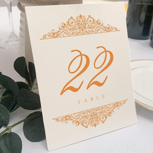 Paisley Wedding Table Numbers (Select Color/Quantity), Champagne, Orange, 1-125, Double Sided, Tent or Use in a Stand, Great for Parties & Restaurants - Made in the USA