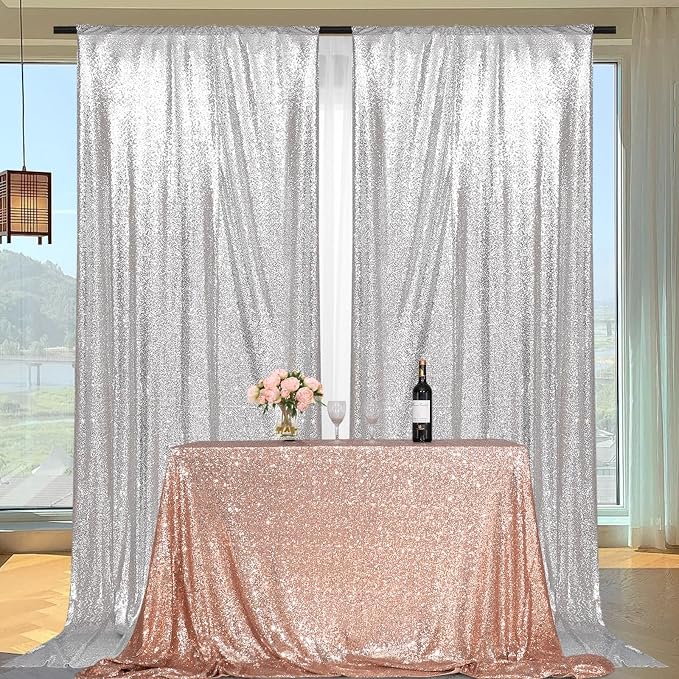 PartyDelight Silver Sequin Backdrop Curtains 5x10ft 2 Panels | 3mm stitched sequin curtain with 4 inch rod pocket for 5x10ft wide reception wall head table stage backdrop and event display