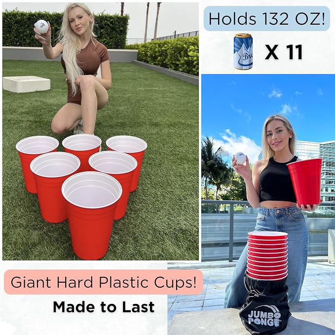 Jumbo Pong - Giant Yard Pong Outdoor Games Yard Games Lawn, Beach, Camping, Tailgating or Backyard - Durable Giant Cups with Indoor/Outdoor Ball and Pump Included