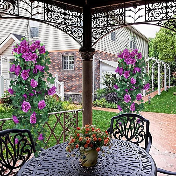 RECUTMS 2PCS Artificial Hanging Rose Flower Plants, 37 Inch Purple Fake Silk Floral Ivy Garlands for Outdoors Home Room Garden Front Porch Wedding Arch Bridal Shower Easter Indoor Party Greenery Decor