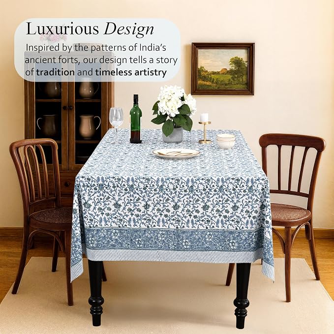 CPC Ocean Vine Tablecloth 100% Cotton 70x108 Inch Indian Block Print Rectangle Table Cover, Table Cloth for Gifting in Weddings, Halloween, Fall, Christmas, Thanksgiving