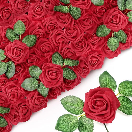 Sherr 250 Pcs Artificial Roses Flowers Bulk Fake Rose with Stem Faux Bridal Flower Centerpiece for Wedding Mother's Day Decorations Bridal Shower Party DIY Bouquet Gifts(Burgundy)