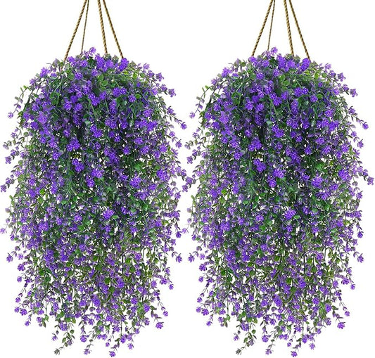 12 Pcs Artificial Hanging Flowers Faux Eucalyptus Vine Fake Hanging Plants Plastic UV Resistant Trailing Vines for Indoor Outdoor Wall Garden Front Porch Home Decor (Purple)