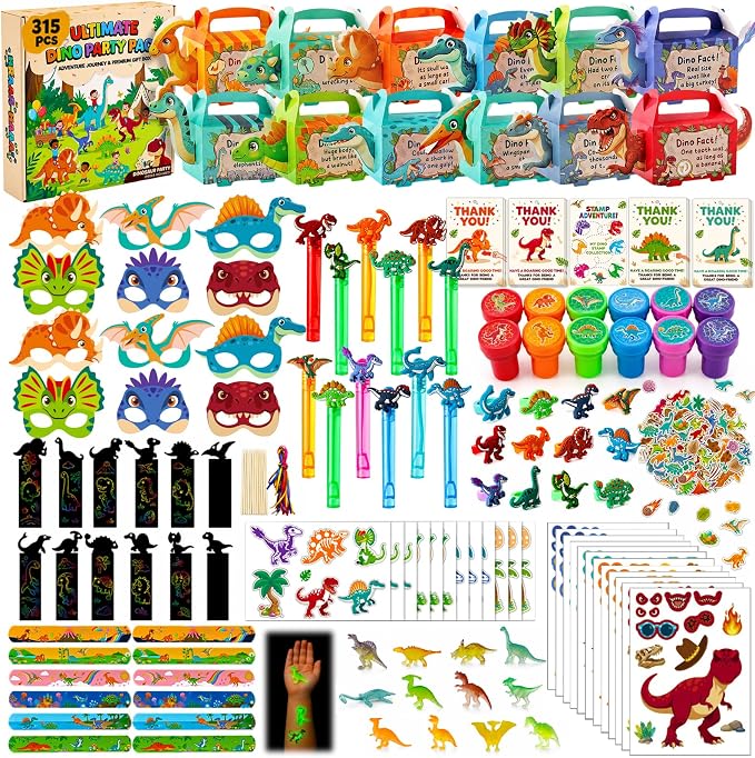 LovesTown 315PCS Dinosaur Party Favors for Kids Birthday, Dino Goodie Bag Fillers Stuffers, Birthday Party Supplies Gift Set for 12 Kids, Classroom Prizes Treasure Chest Toys