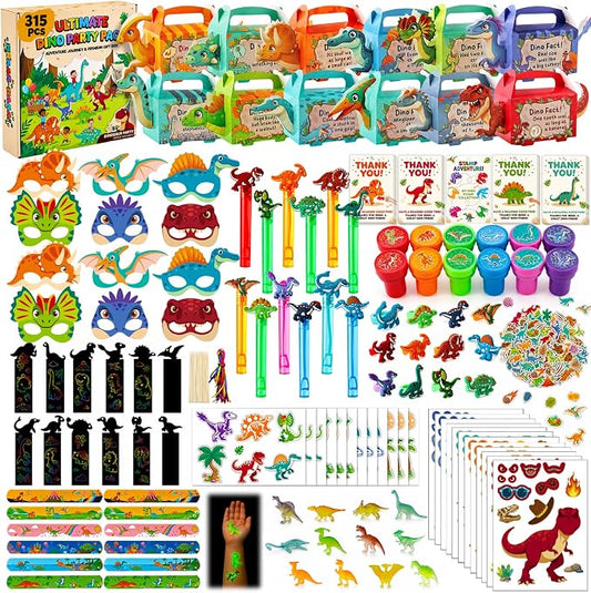 LovesTown 315PCS Dinosaur Party Favors for Kids Birthday, Dino Goodie Bag Fillers Stuffers, Birthday Party Supplies Gift Set for 12 Kids, Classroom Prizes Treasure Chest Toys