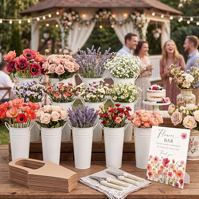 LEIFIDE Flower Bar Buckets Set Kit Bloom Bar Supplies Include Wood Sign Gift Bags Iron Bucket Garden Flower Shears for Wedding Bridal Shower Graduation Birthday Table Centerpieces(45 Pcs,Creamy White)